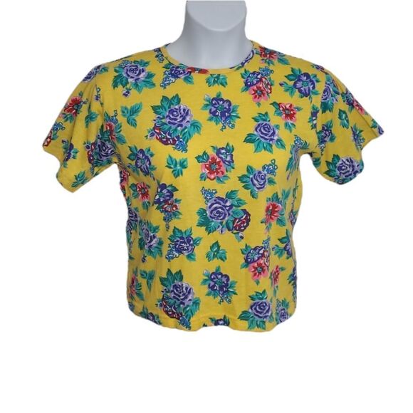 NEW VINTAGE 90s yellow bright bold floral short sleeve‎ t-shirt top M - Picture 1 of 10